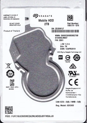 ST2000LM007 p/n: 1R8174-570 f/w: EB01 s/n: ZDZ TK APR/2019 2TB SATA 2.5" SEAGATE - Image 1 of 4