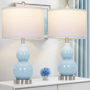22" Double Gourd Ceramic Table Lamps Set of 2, Blue Modern Bedside Lamps for ... - Picture 1 of 9