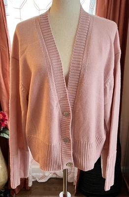 Elie Tahari 二手状况完好 XL 码开衫毛衣美利奴羊毛腮红粉色 3 按钮 — 第 1/4 张图片