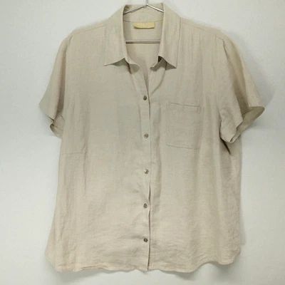 Kate Hill 衬衫女式 1X 米色 100% 亚麻短袖纽扣前口袋 — 第 1/4 张图片