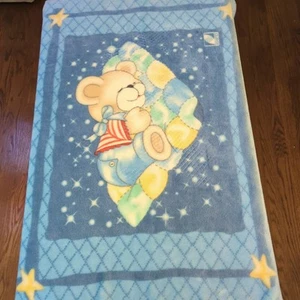 Vintage NovaTex Baby Blanket Teddy Bear Sleeping Yellow Stars Celestial 42”x52” - Picture 1 of 11