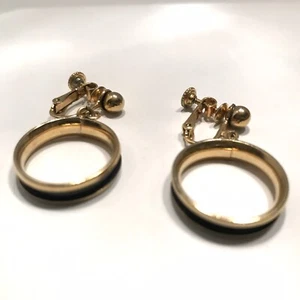 Vintage Napier Black Enamel Hoop Screw Back Clip Gold Tone Earrings J6700 - Picture 1 of 10