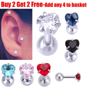 Surgical Steel Heart Crystal Daith Tragus Stud Cartilage Helix Stud Bar Earrings - Picture 1 of 8