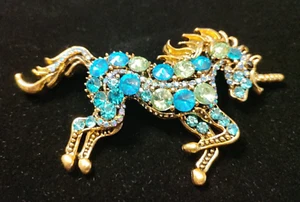 Blue Rhinestone Unicorn Brooch/Pendant 3.25" Wide X 2" Long - Picture 1 of 4