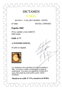 ✔️★EDIFIL 77 - ISABEL II - 19 CUARTOS CASTAÑO-ROSA DICTAMEN C.M.F. (+3.360€)★ - Imagen 1 de 3