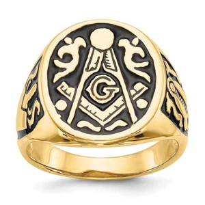 14k Yellow Gold Polished and Grooved with Black Enamel Masonic Ring Size 10 - Picture 1 of 9