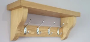 COAT RACK WITH SHELF Handmade With 4 Chrome Double Hooks, Medium Oak wax - Picture 1 of 9