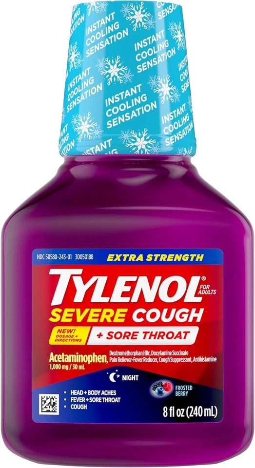 Tylenol Extra Strength Severe Cough SoreThroat Nighttime MISSING CAP EXNOV25