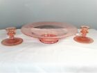 Vintage Set Pink Depression Glass Etched Bowl & Matching Candle Sticks Gold Rim