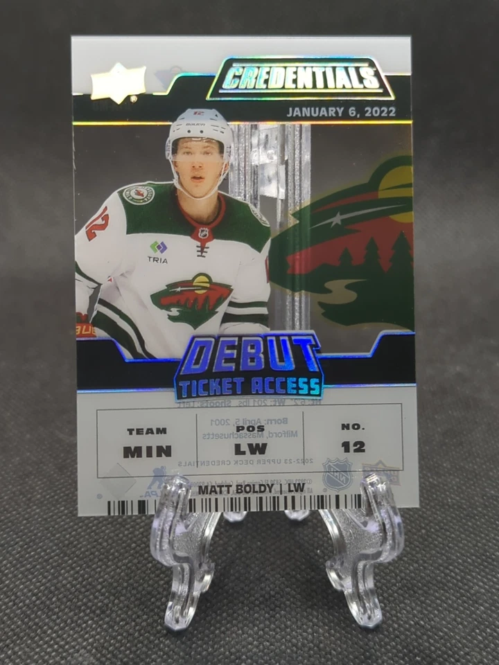Matt Boldy 2022-23 UD Credentials Debut Ticket Access Clear Cut Rookie #125/249 - Image 1 of 2