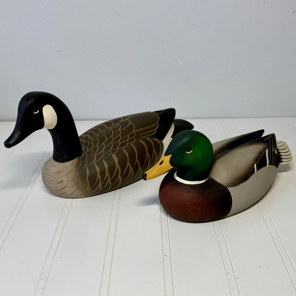 Vtg 1979 Don Allen Hand Carved Wood Duck Goose Decoy Pair Signed Folk Art - Image 1 of 4