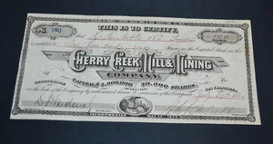 Cherry Creek Mill & Mining Company 1874 stock certificate - Picture 1 of 1
