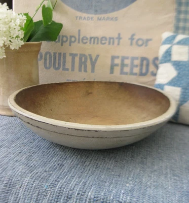 Antique Wood Dough Bowl w  Rim White Milk Paint 13" - Image 1 of 4