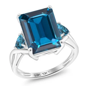 10K White Gold Emerald Cut London Blue Topaz 3 Stone Engagement Ring For Women - Picture 1 of 5