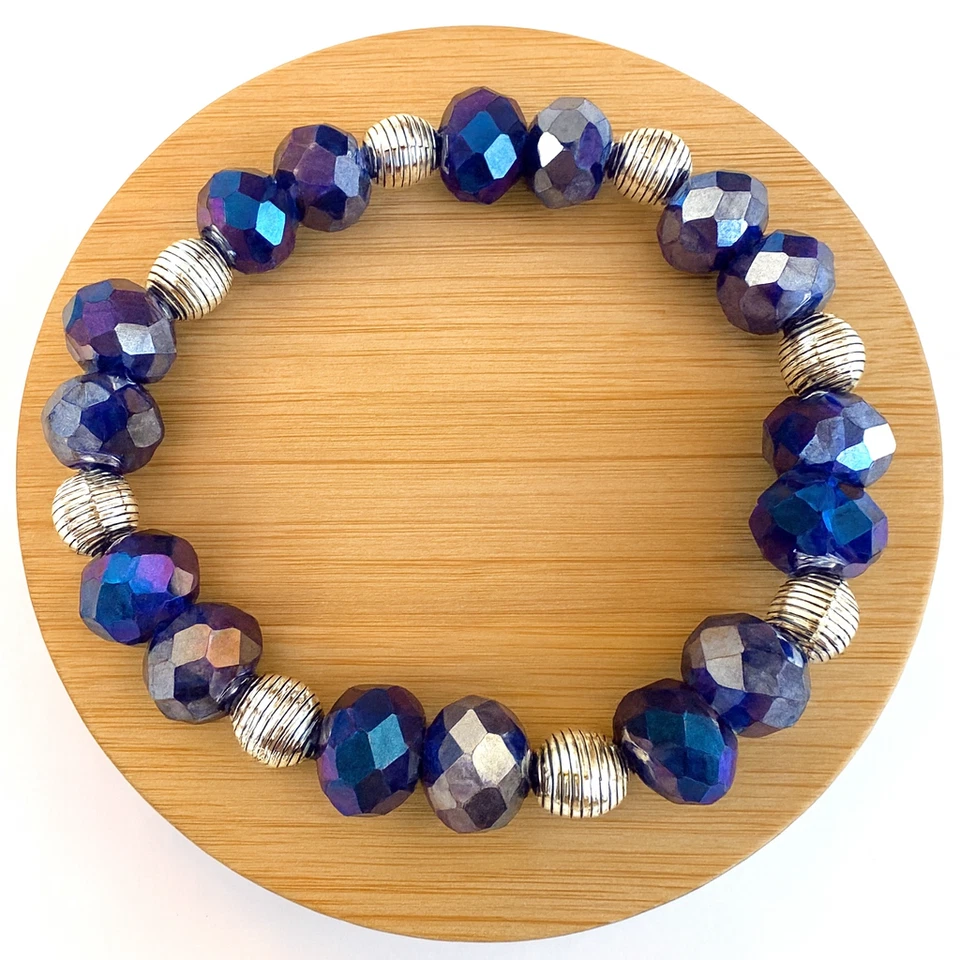 Pulsera Boho Hecha a Mano Elástica Elástica Plata Cristal Real y Colmena Plata Foto 1 de 1