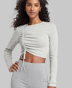 Wild Fable Gray Long Sleeve Ruched Slim Fit Cropped Shirt (Size XL) SP7 - Picture 1 of 6