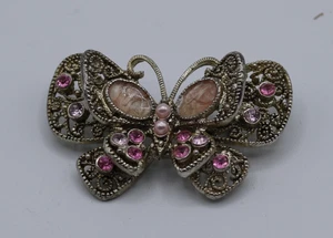 Silver Tone & Pink Rhinestone Vintage Butterfly Brooch - Picture 1 of 2
