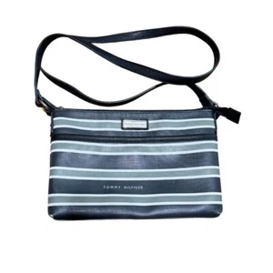 Y2K Tommy Hilfiger Crossbody Purse Handbag Bag Striped Black and Gray 10"X 7"X1" - Picture 1 of 3