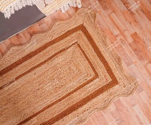 Hand Braided Scalloped Jute Rug With Orange Border, Boho Home Décor Jute Rug - Picture 1 of 5