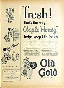 Publicidad vintage de 1943 antiguos cigarrillos dorados miel de manzana los mantiene húmedos - Imagen 1 de 1