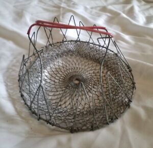 Vintage 9x6" Wire Egg/ Steamer Basket W Handle Collapsible Rustic Country Decor