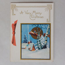 Vintage Santa Flying Sleigh Golden Moon Christmas Card