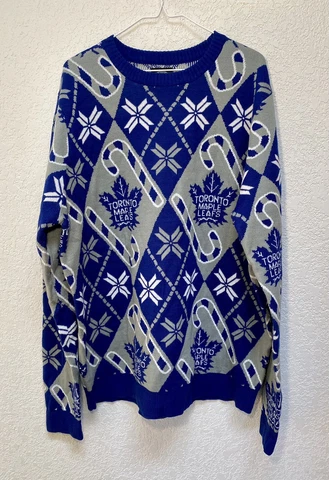 Toronto Maple Leafs NHL Hockey Logo Candy Cane Blue Christmas Sweater Men’s XL Cover