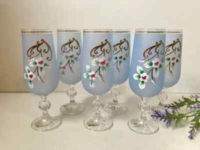 De colección 6 copas de vino República Checa arte cristal floral satinado copas azules esmeriladas Foto 1 de 4
