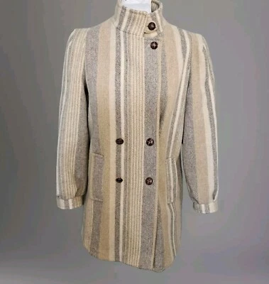 Безымянный винтажный 80-х желтовато-коричневый в полоску чисто шерсти пальто сделано в США женщин размер 6 - Изображение 1 из 4