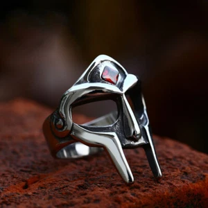 Red CZ Inlay Spartan Helmet Ring Stainless Steel Vintage Mask Men's Biker Ring - Picture 1 of 2