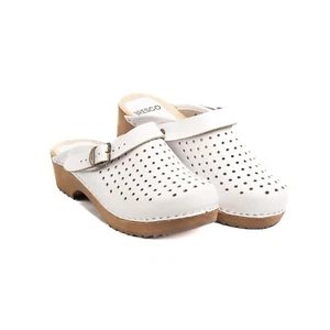 Swedish wooden clogs with buckle from perforated real leather and alder wood - Picture 1 of 18