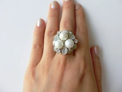 Anillo estilo retro AA+ fino imitación perla y cristal flor cóctel firma, D:17 mm Foto 1 de 4