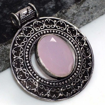 925 Silver Plated Special Pink Chalcedony Pendant Gemstone Size 1.7" MJ - image 1 of 3