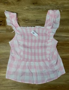 New Old Navy Size XL Smocked Cami Casual Summer Baby Doll Top Pink Cream Checker - Picture 1 of 1