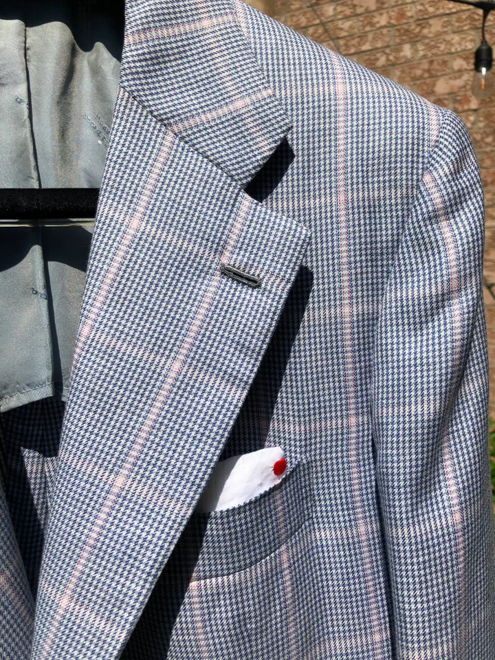 Casaco esportivo Kiton 38/48 como novo lã/seda/linho azul/rosa janela Houndstooth - Imagem 1 de 4