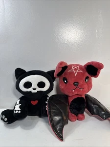 Lot 2 Fiesta Skelanimals Dax Skeleton Cat & Bat Plush 8” Red Black Goth Toy Dark - Picture 1 of 10
