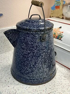 Huge Vintage Blue Enamelware Cowboy Coffee Pot 10x12.5" Bale Handle Lid 2 Gallon - Picture 1 of 21