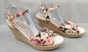 American Eagle Pink Ivory Fabric Floral Strappy Wedges Heels 8.5 Open Toe Womens - Picture 1 of 6