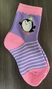 Girls Pink & Purple Penguin Half Crew Socks Size 4-6 - Picture 1 of 3