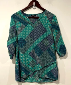 Maggie T Blouse Womens Size 8 Blue Green Layered 3/4 Sleeve V-Neck Lined Flowy - Picture 1 of 11
