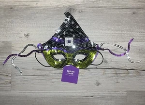 NEW~Halloween~Witch Face Mask Black Hat Sequins~Green~Purple~Black~NEW WITH TAGS - Picture 1 of 2