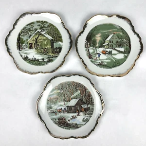 Juego de 3 platos decorativos de invierno vintage Currier & IVES Homestead adorno dorado - Imagen 1 de 10