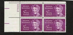 1963 U.S Commem 5c ELEANOR ROOSEVELT Plt #Blk of 4 Sc#1236 M/NH/OG/Pristine - Picture 1 of 1