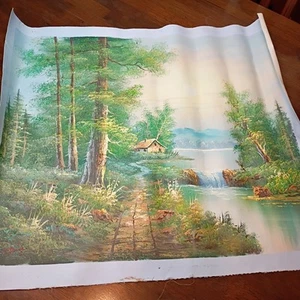 Vintage Original Oil Canvas landscape Waterfall Cabin Lake signed 21x25 - Picture 1 of 11