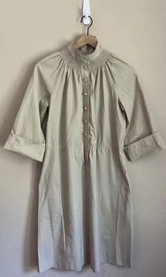 Vintage Beege Shirt Dress 70s 80s Khaki Tan High Neck Smocked Size Large 12 14 - Image 1 of 4