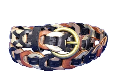 Antigo fóssil multi tom trançado link cinto de couro fivela de latão feminino pequeno - Imagem 1 de 3