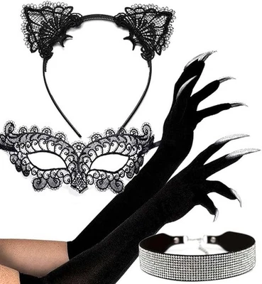 Black Cat Mask Costume Accessories for Catwoman Lace Cat Ears Headband, Eye Mask - Image 1 of 4