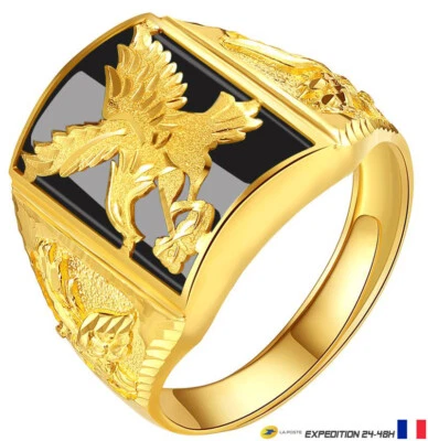 Bague Chevalière Motif Aigle Doré Noir Ajustable Homme Mode Bijoux Modèle 1