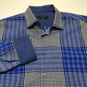 BUGATCHI MENS BLUE/White/Black CHECK/STRIPED CLASSIC FIT Flip Cuff SIZE XL - Picture 1 of 8