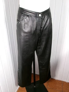 Pantalon droit cuir souple mouton noir taille haute 44/46 W34 42/44D gros strass - Picture 1 of 7